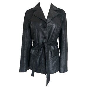 Burberry Leather Belted Jacket Black Leather BURBERRY London Coat Size S - 38